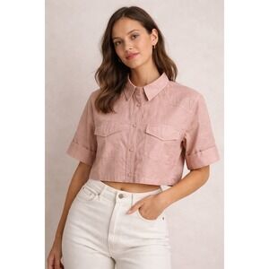 Choosy Dusty Rose Cropped Short Sleeve Button Down Shirt Small NWT